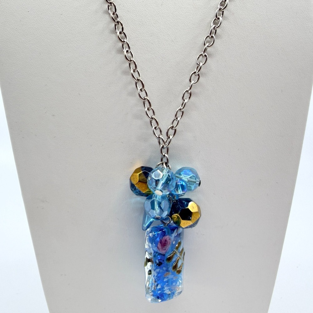 VTG Y2K Blue Murano Glass Style Pendant Necklace Silver Tone Cluster Bead Charm